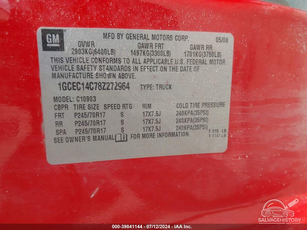 1GCEC14C78Z272964 2008 CHEVROLET SILVERADO 1500 photo no. 9