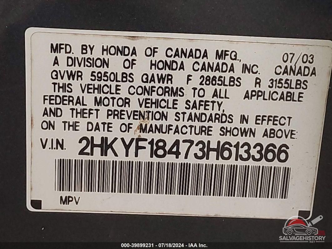 2HKYF18473H613366 2003 HONDA PILOT photo no. 9