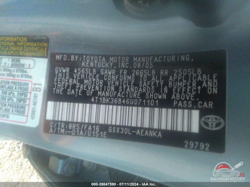 4T1BK36B46U071101 2006 TOYOTA AVALON photo no. 9