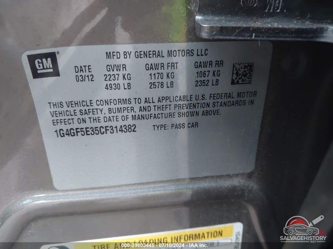 1G4GF5E35CF314382 2012 BUICK LACROSSE photo no. 9