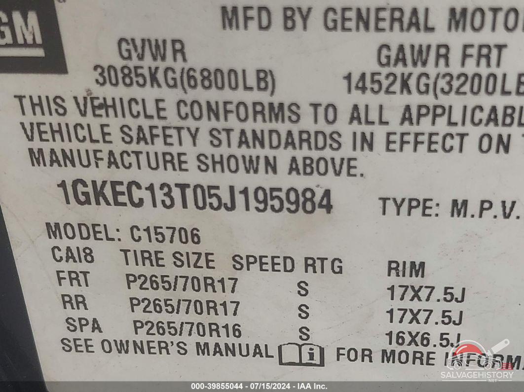 1GKEC13T05J195984 2005 GMC YUKON photo no. 9