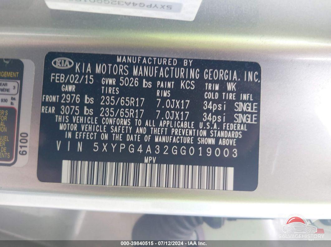5XYPG4A32GG019003 2016 KIA SORENTO photo no. 9