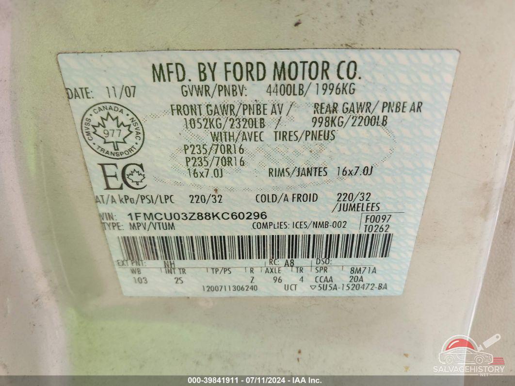1FMCU03Z88KC60296 2008 FORD ESCAPE photo no. 9