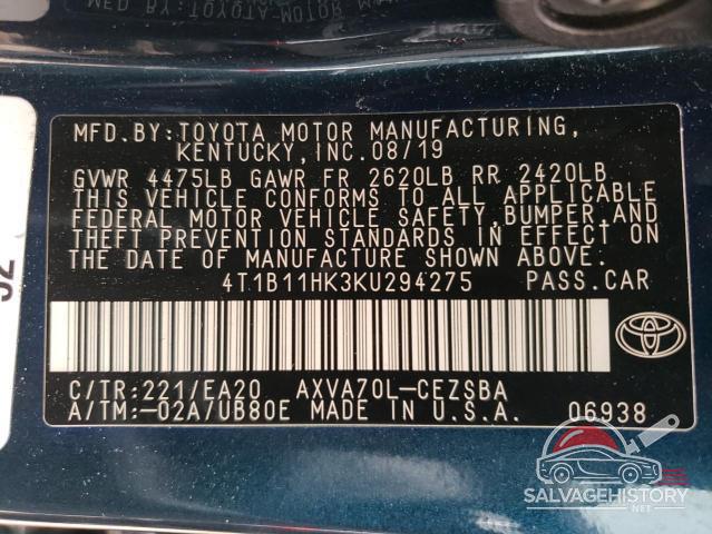 4T1B11HK3KU294275 2019 TOYOTA CAMRY photo no. 12
