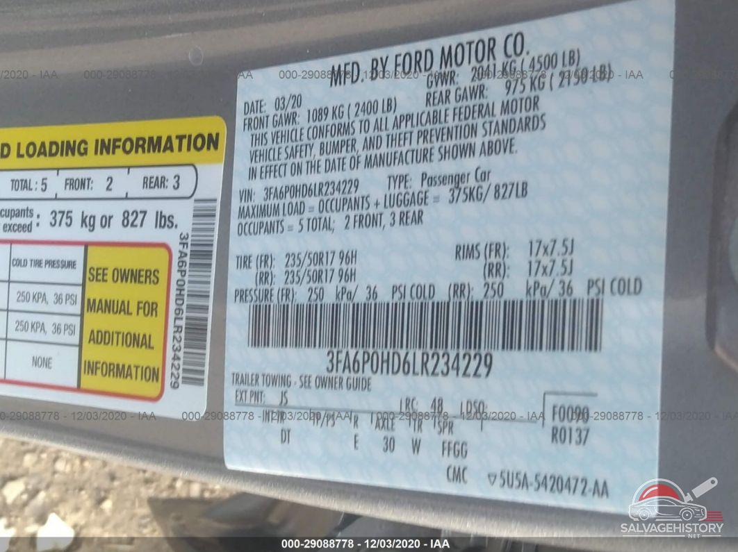 3FA6P0HD6LR234229 2020 FORD FUSION photo no. 9