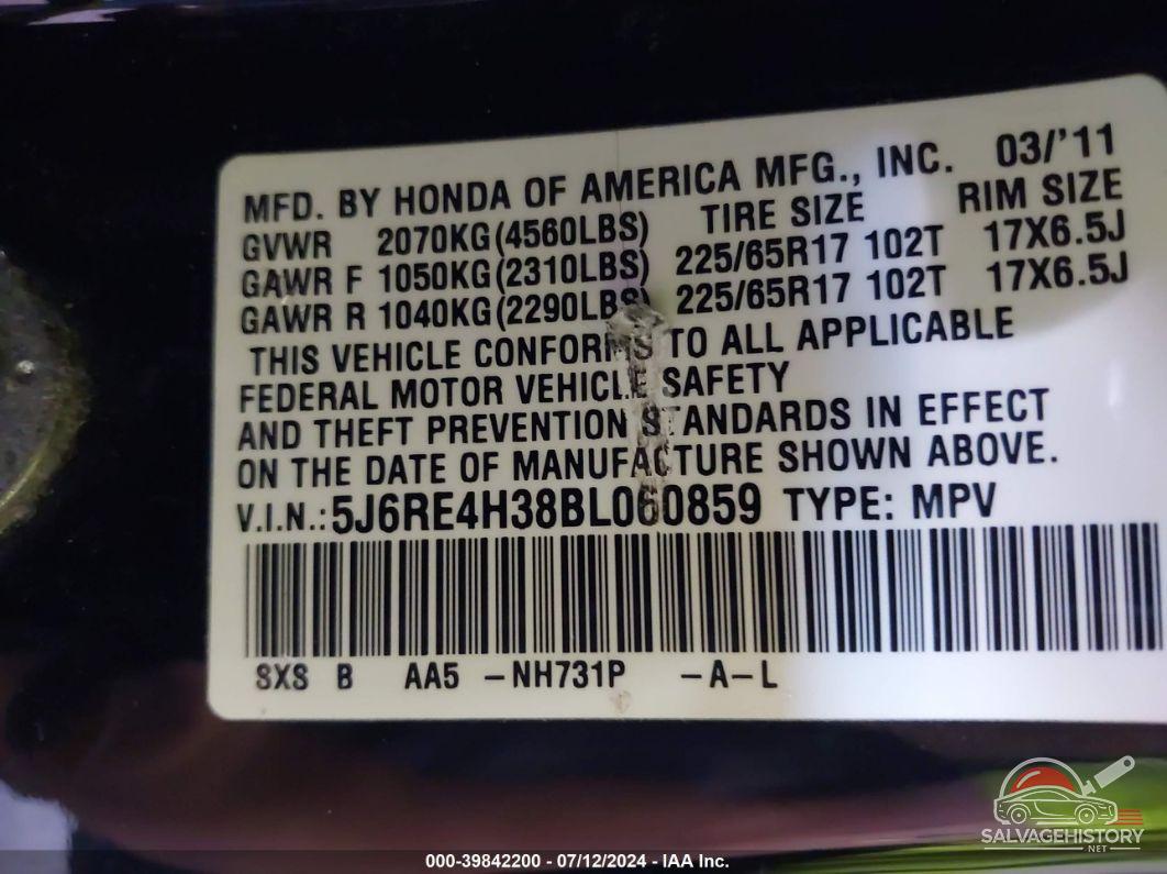 5J6RE4H38BL060859 2011 HONDA CR-V photo no. 9