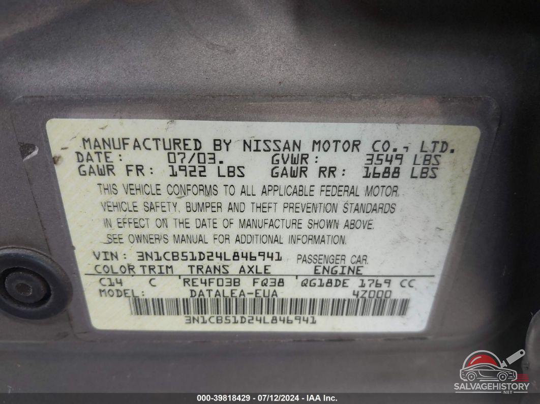 3N1CB51D24L846941 2004 NISSAN SENTRA photo no. 9