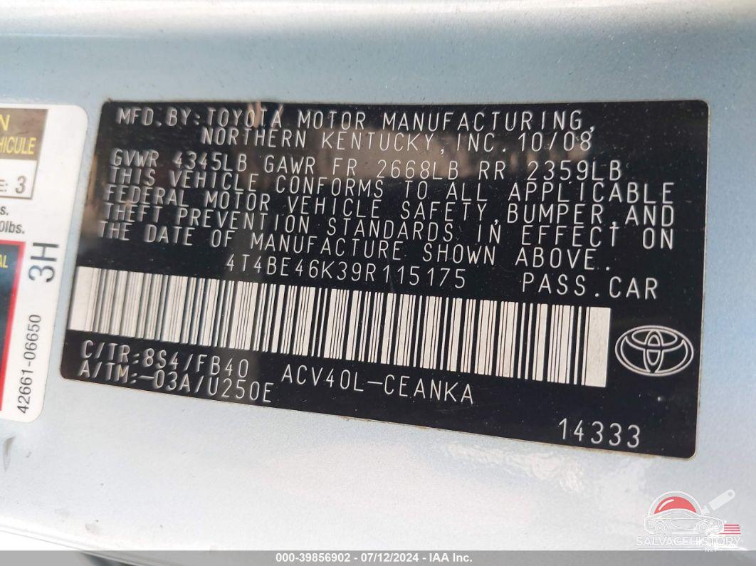 4T4BE46K39R115175 2009 TOYOTA CAMRY photo no. 9