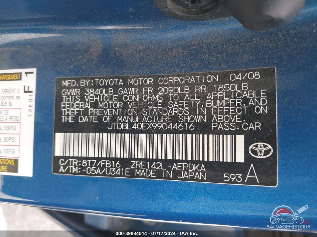 JTDBL40EX99044616 2009 TOYOTA COROLLA photo no. 9