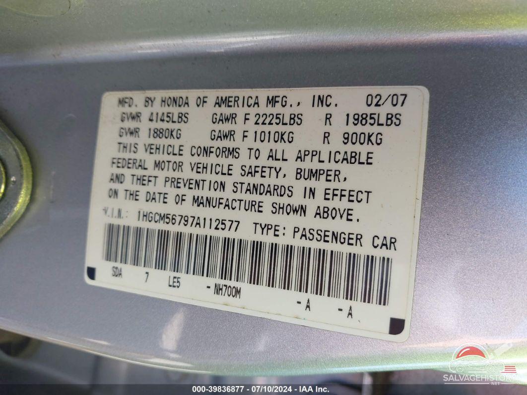 1HGCM56797A112577 2007 HONDA ACCORD photo no. 9