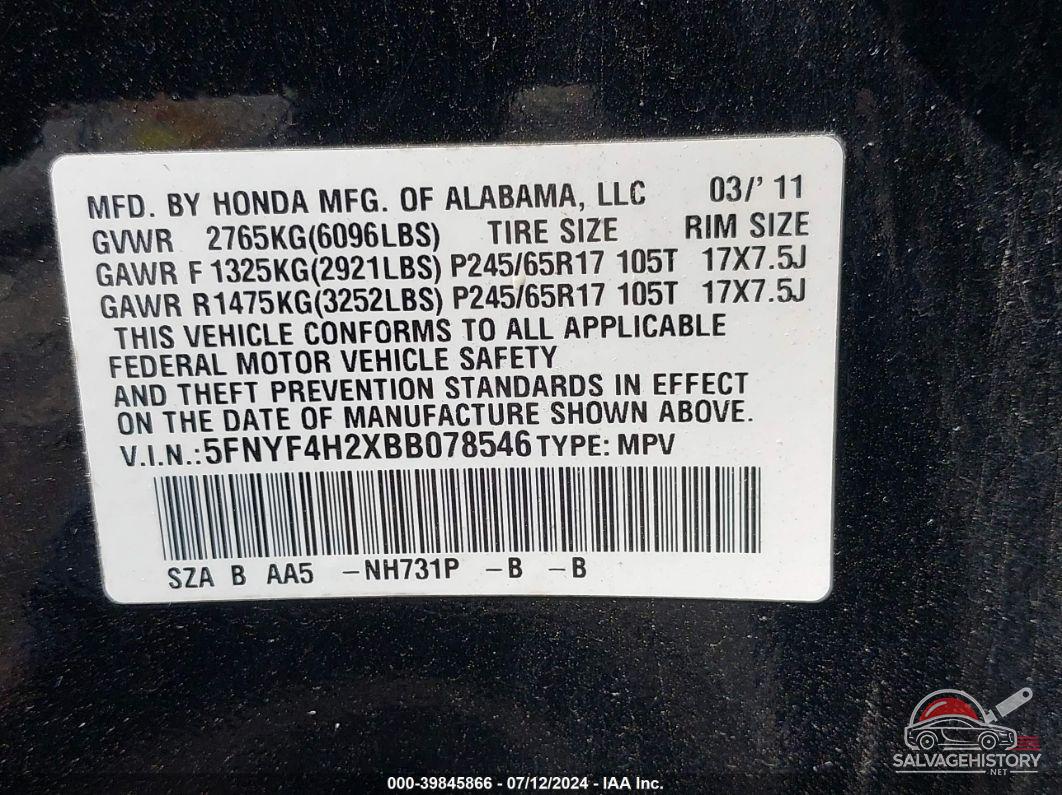 5FNYF4H2XBB078546 2011 HONDA PILOT photo no. 9