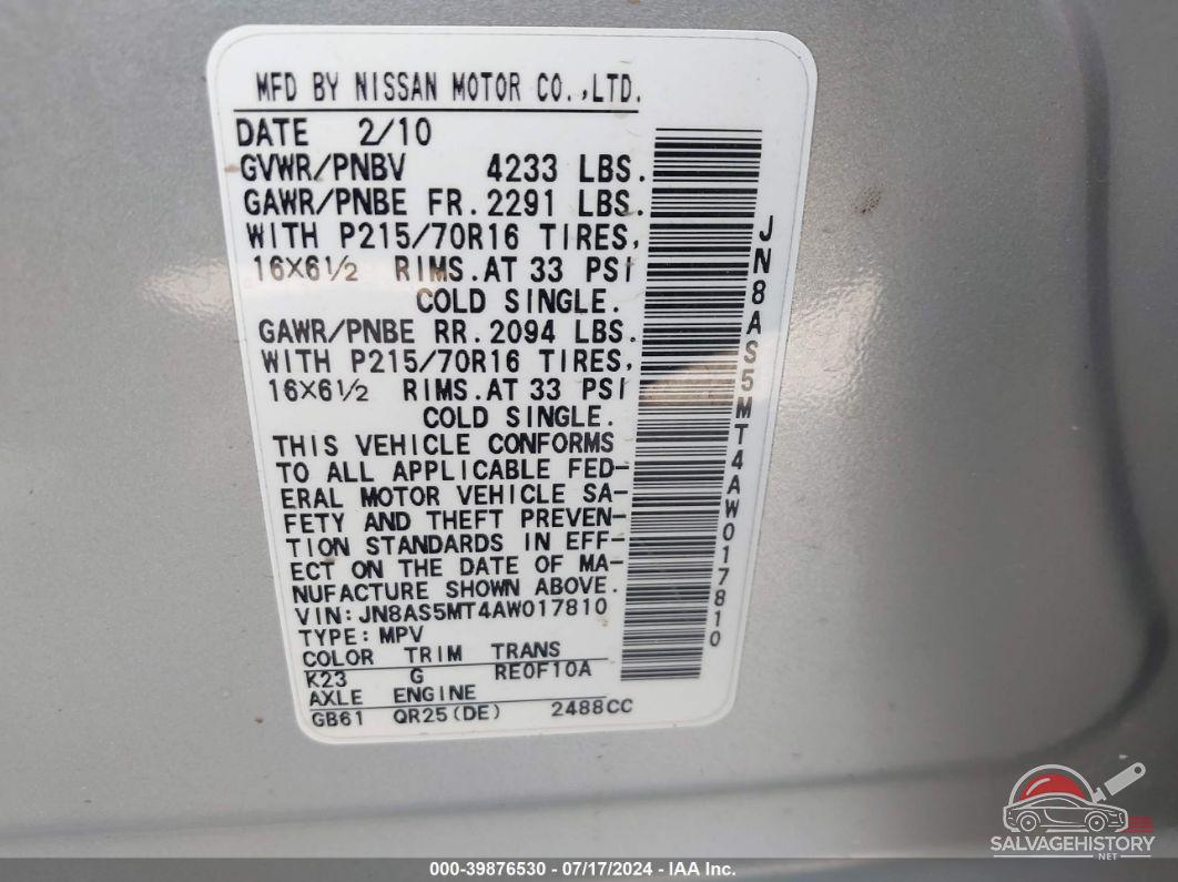 JN8AS5MT4AW017810 2010 NISSAN ROGUE photo no. 9