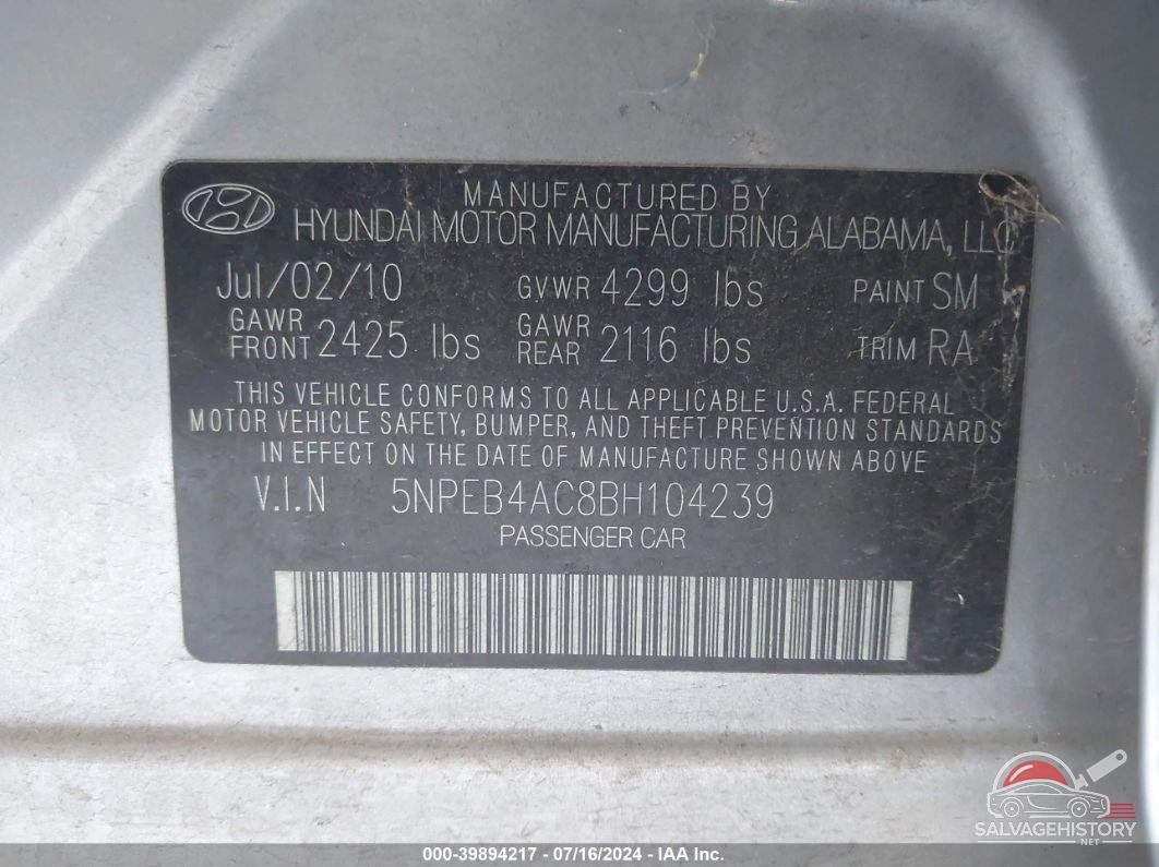 5NPEB4AC8BH104239 2011 HYUNDAI SONATA photo no. 9