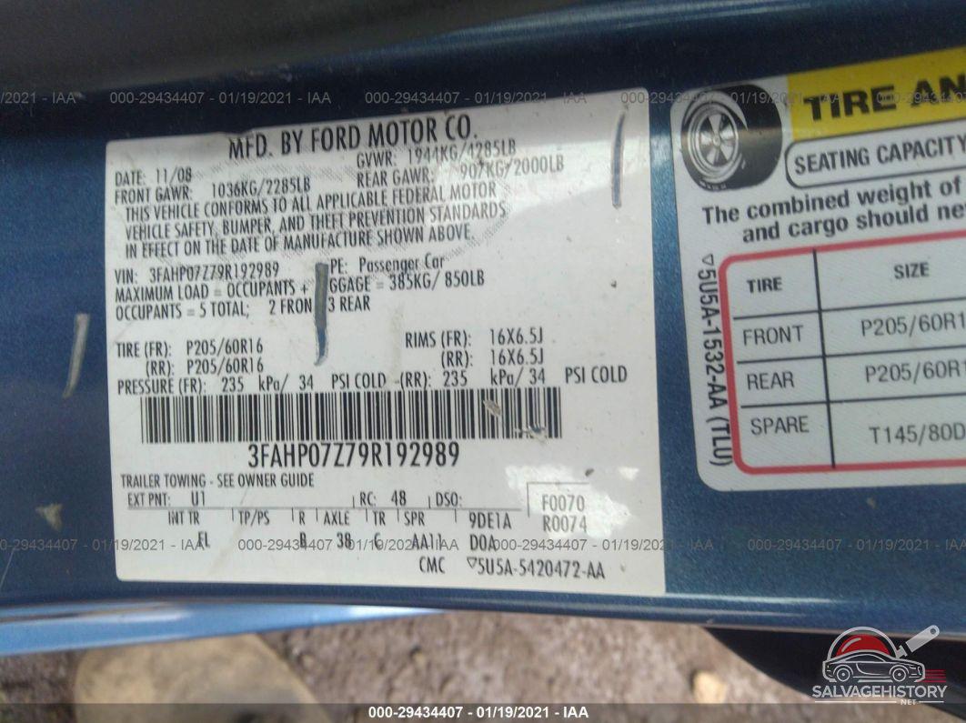 3FAHP07Z79R192989 2009 FORD FUSION photo no. 9