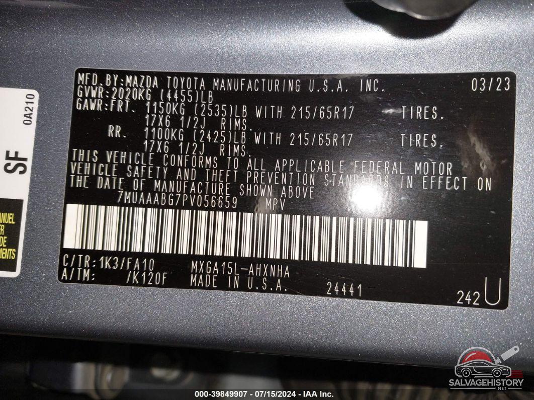 7MUAAABG7PV056659 2023 TOYOTA COROLLA CROSS photo no. 9
