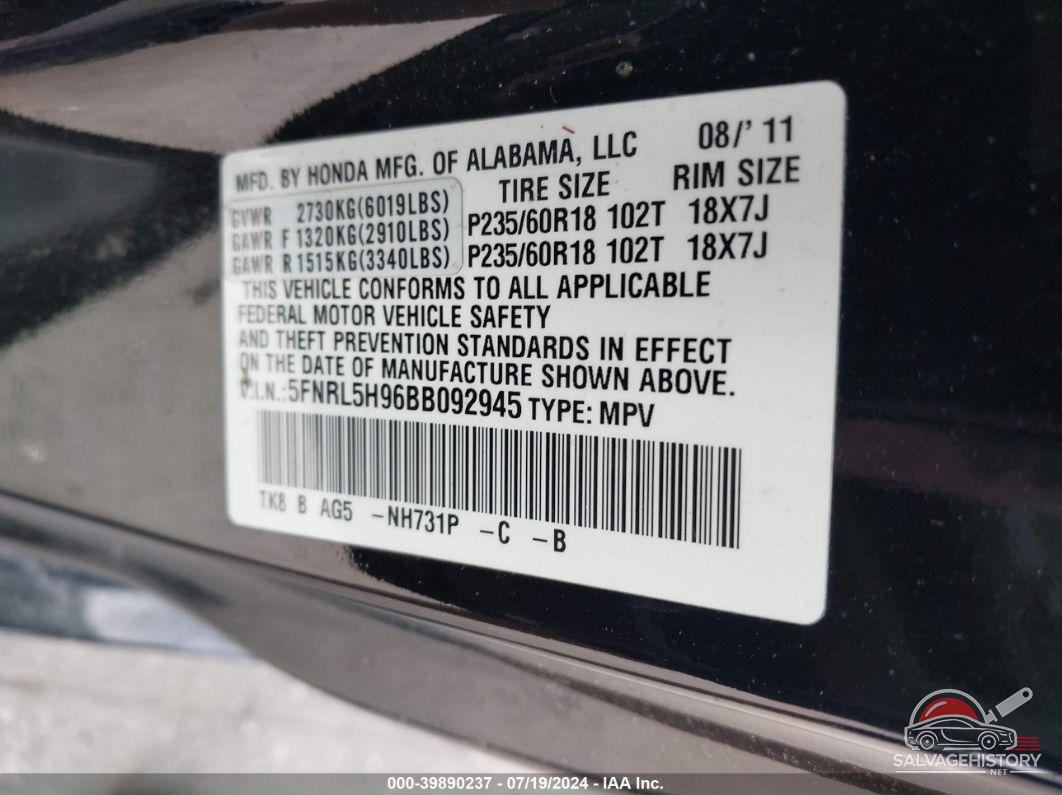 5FNRL5H96BB092945 2011 HONDA ODYSSEY photo no. 9
