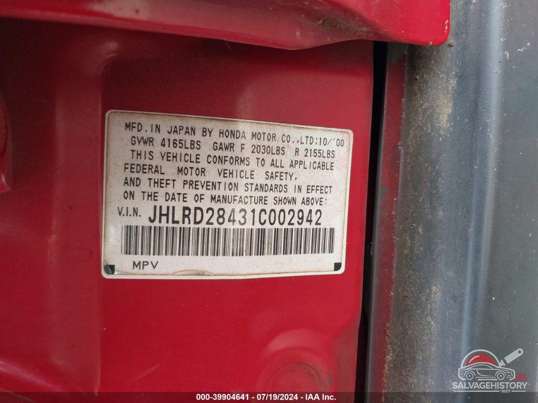 JHLRD28431C002942 2001 HONDA CR-V photo no. 9