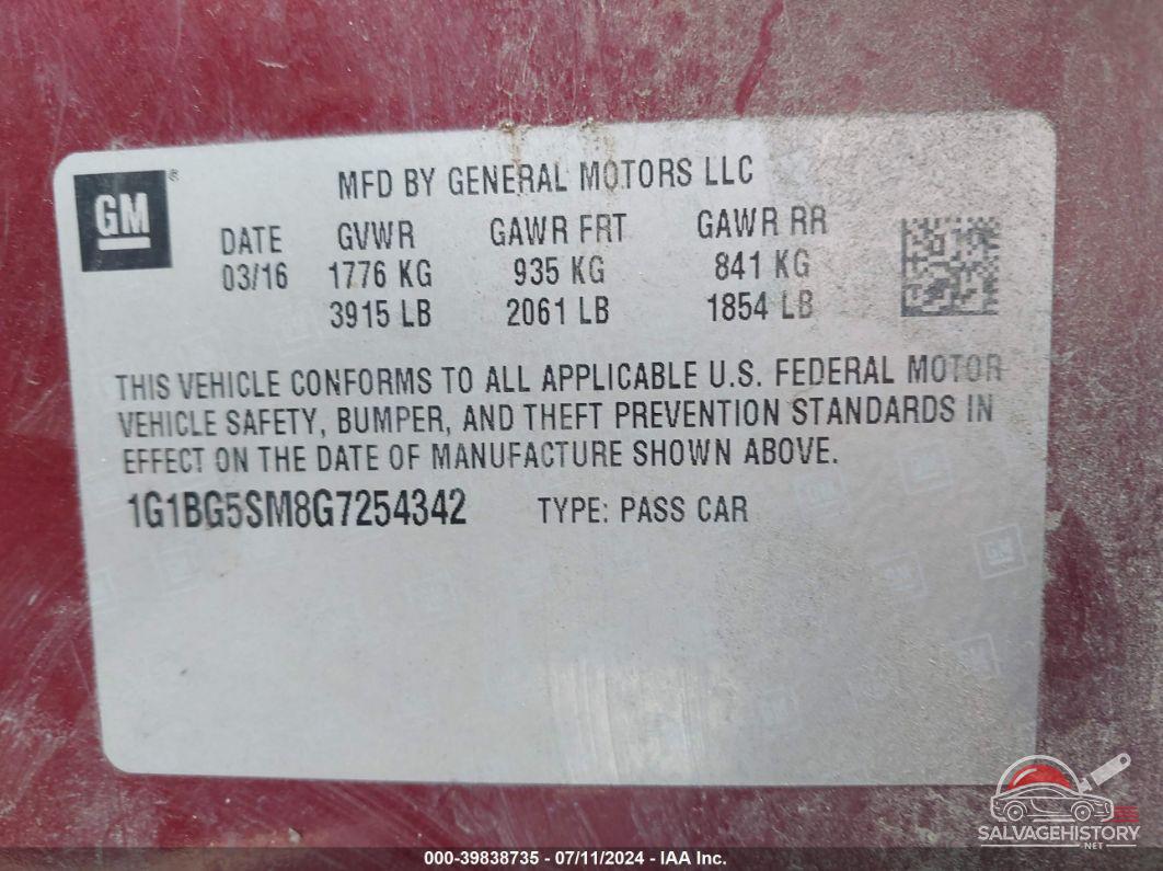 1G1BG5SM8G7254342 2016 CHEVROLET CRUZE photo no. 9