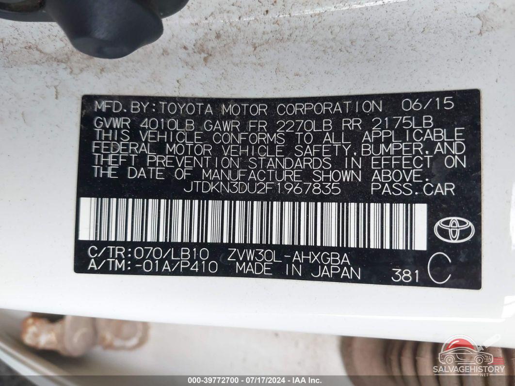 JTDKN3DU2F1967835 2015 TOYOTA PRIUS photo no. 9