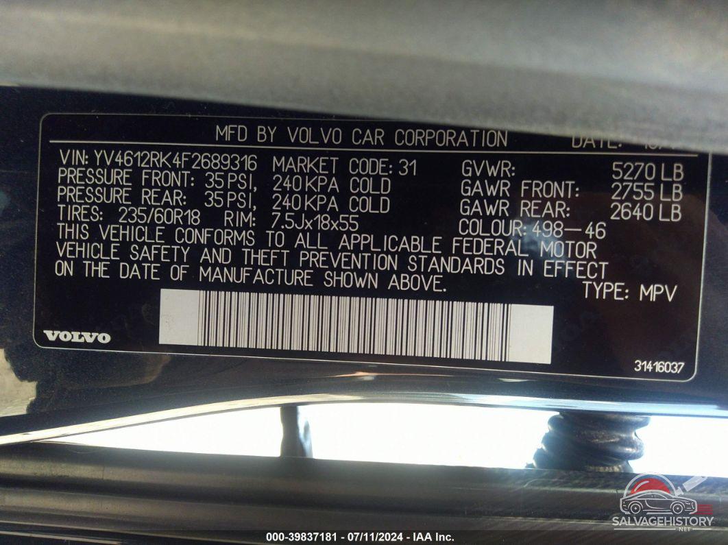 YV4612RK4F2689316 2015 VOLVO XC60 photo no. 9