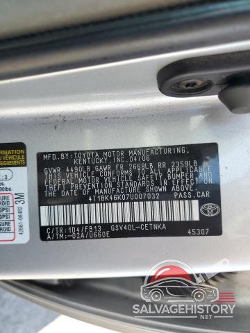 4T1BK46K07U007032 2007 TOYOTA CAMRY photo no. 12