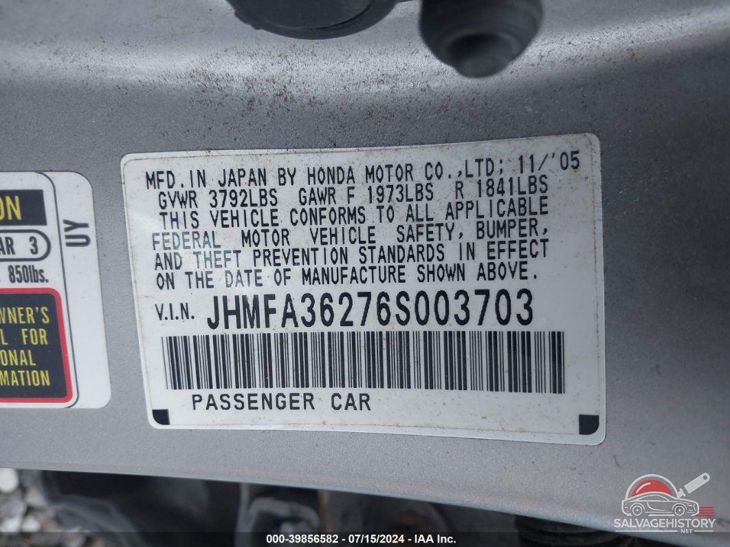 JHMFA36276S003703 2006 HONDA CIVIC HYBRID photo no. 9