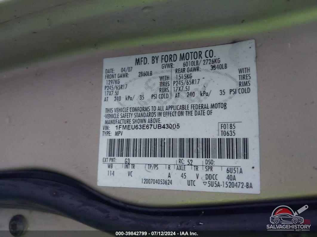 1FMEU63E67UB43005 2007 FORD EXPLORER photo no. 9