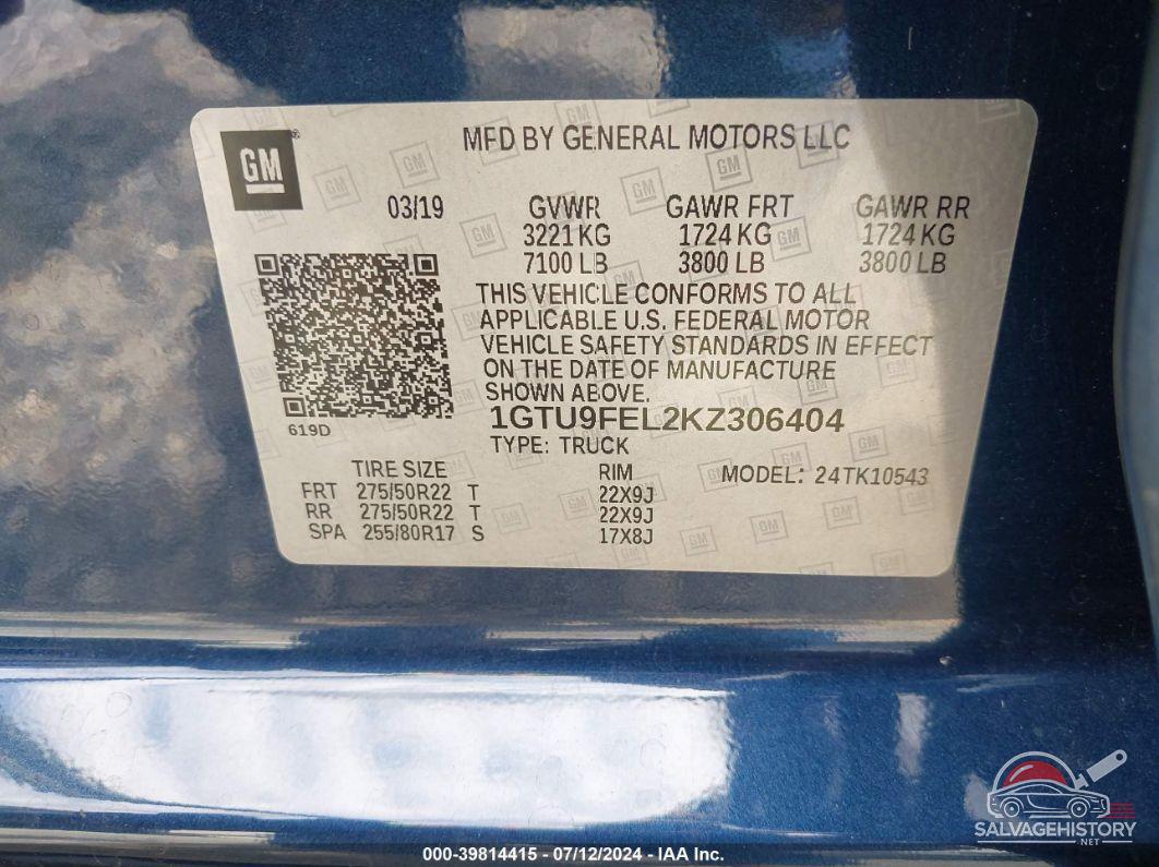1GTU9FEL2KZ306404 2019 GMC SIERRA 1500 photo no. 9