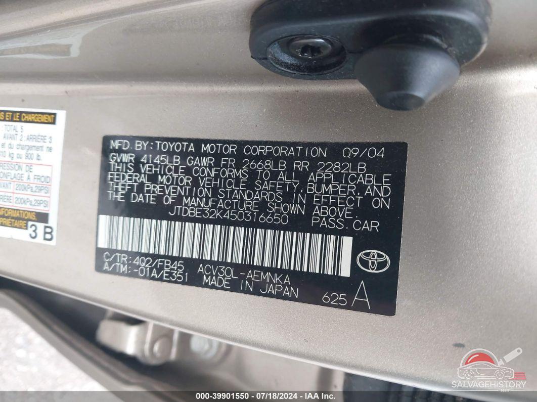 JTDBE32K450316650 2005 TOYOTA CAMRY photo no. 9