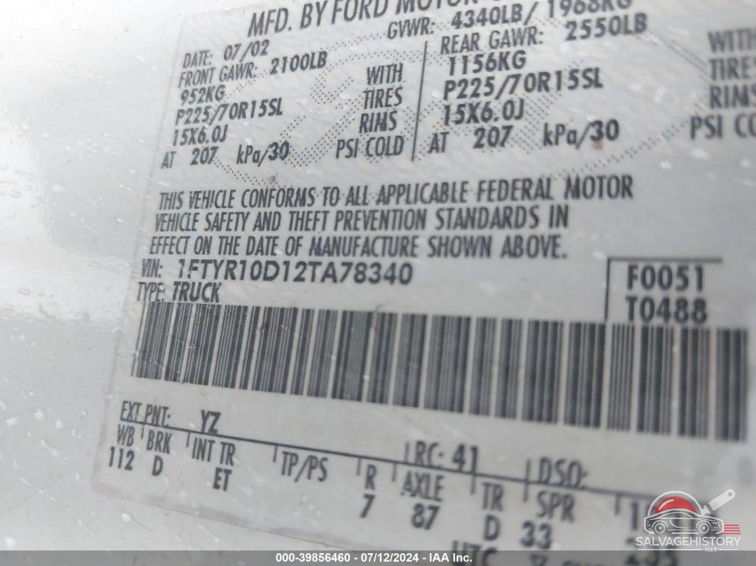 1FTYR10D12TA78340 2002 FORD RANGER photo no. 9