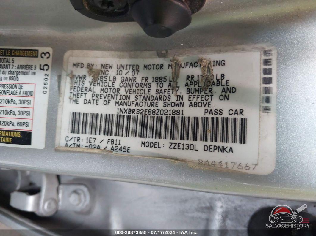 1NXBR32E68Z021881 2008 TOYOTA COROLLA photo no. 9