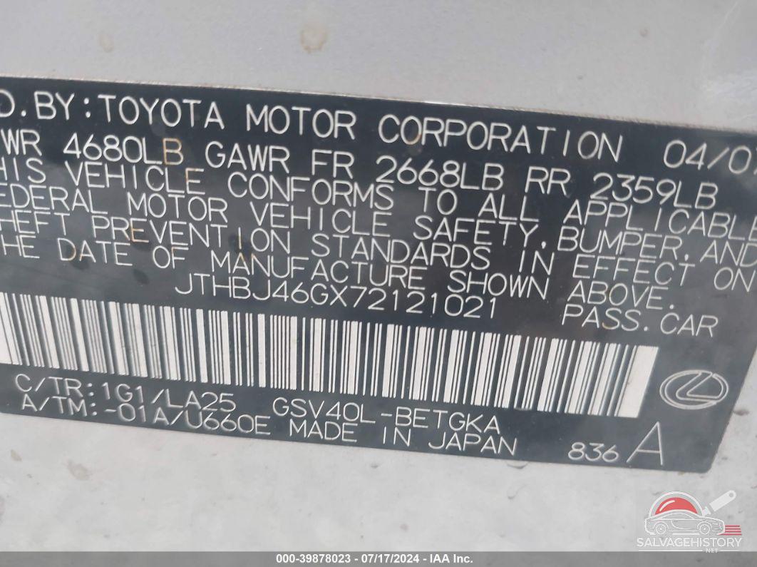 JTHBJ46GX72121021 2007 LEXUS ES photo no. 9