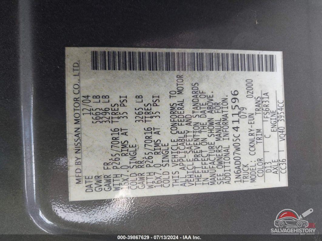 1N6AD07W05C411596 2005 NISSAN FRONTIER photo no. 9