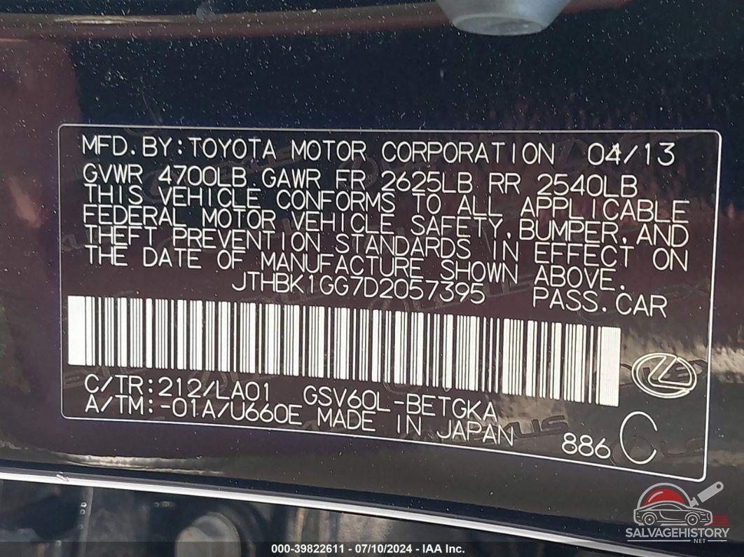 JTHBK1GG7D2057395 2013 LEXUS ES 350 photo no. 9