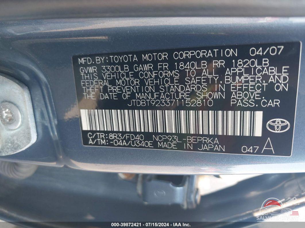 JTDBT923371152810 2007 TOYOTA YARIS photo no. 9