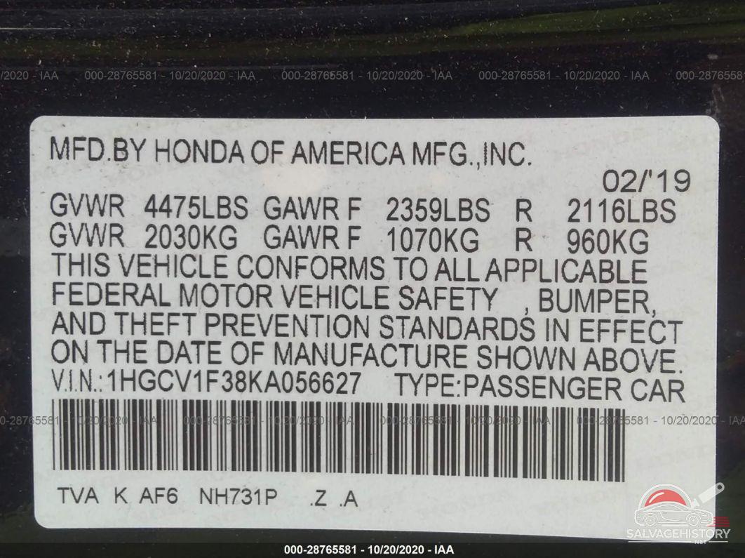 1HGCV1F38KA056627 2019 HONDA ACCORD SEDAN photo no. 9