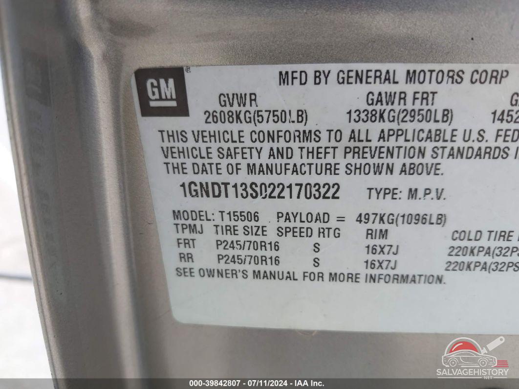 1GNDT13S022170322 2002 CHEVROLET TRAILBLAZER photo no. 9