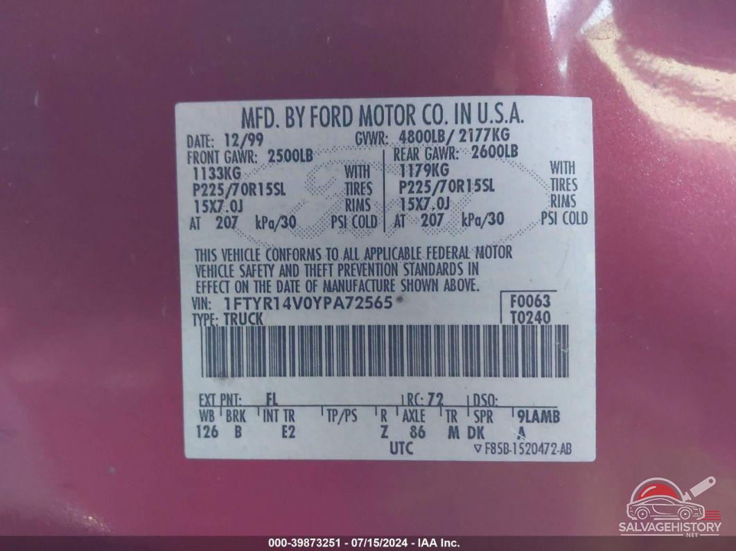 1FTYR14V0YPA72565 2000 FORD RANGER photo no. 9