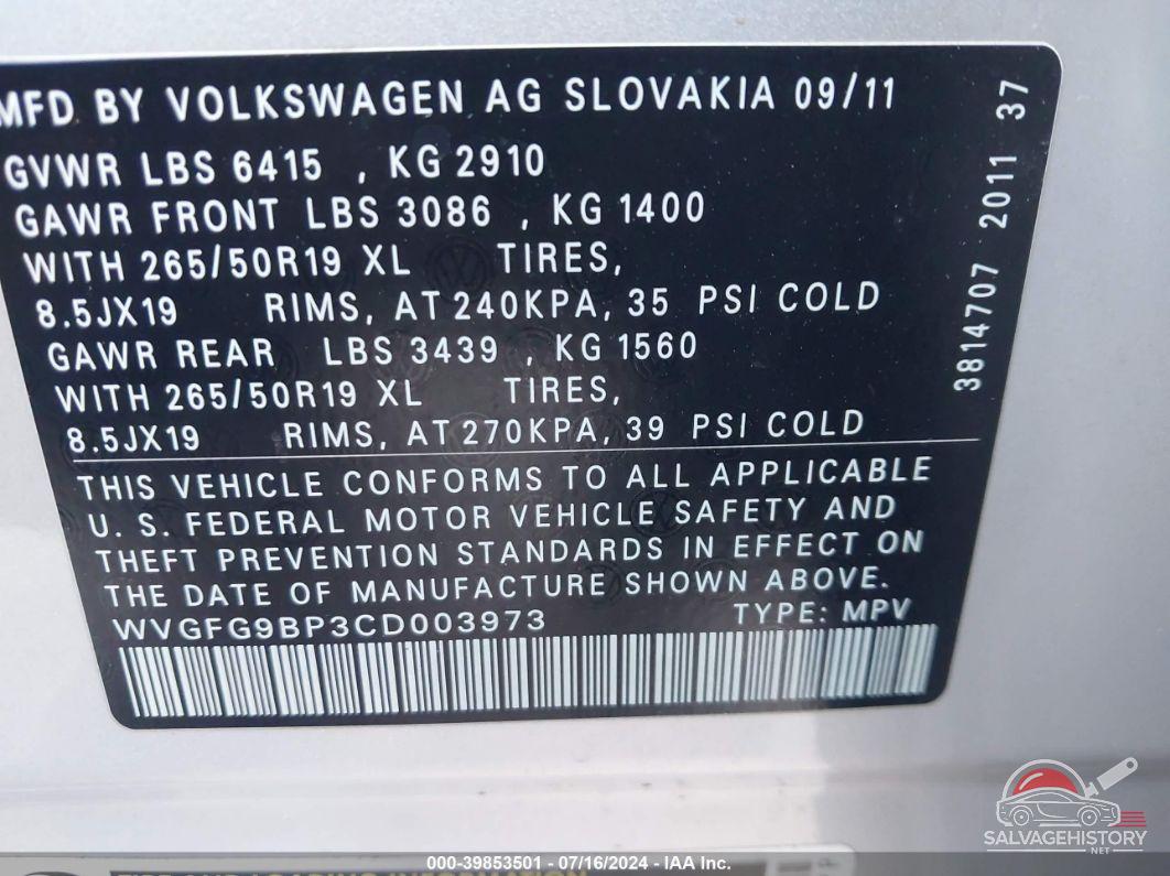 WVGFG9BP3CD003973 2012 VOLKSWAGEN TOUAREG HYBRID photo no. 9