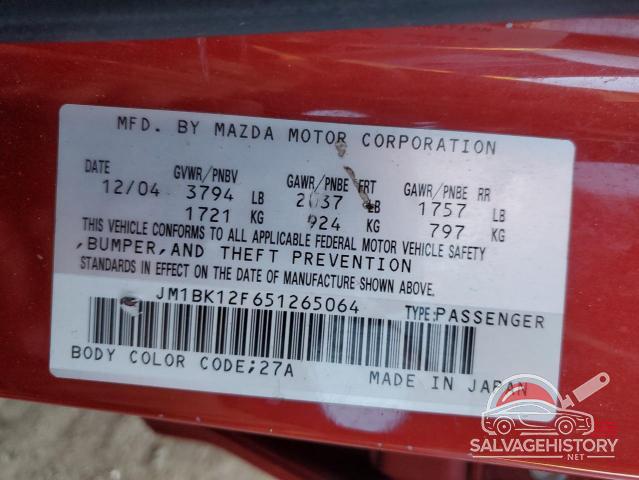 JM1BK12F651265064 2005 MAZDA 3 photo no. 12