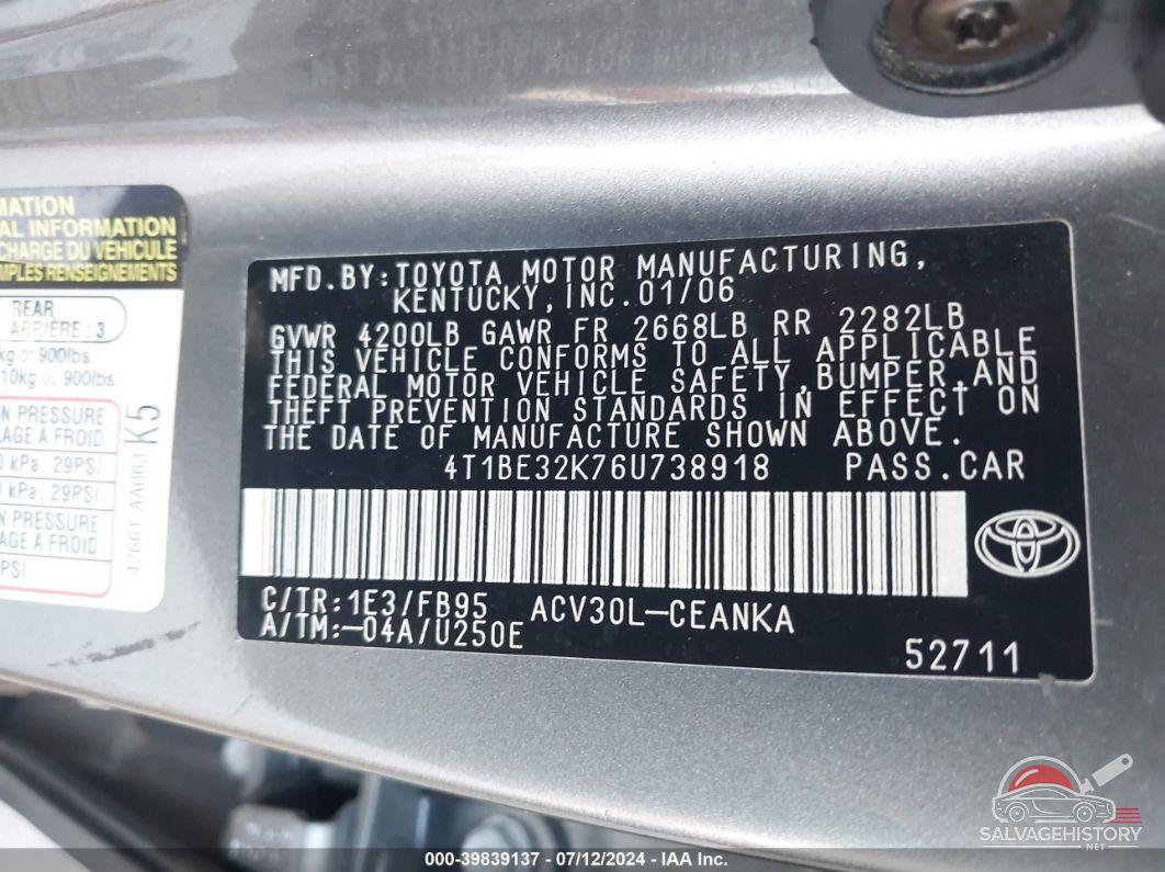 4T1BE32K76U738918 2006 TOYOTA CAMRY photo no. 9