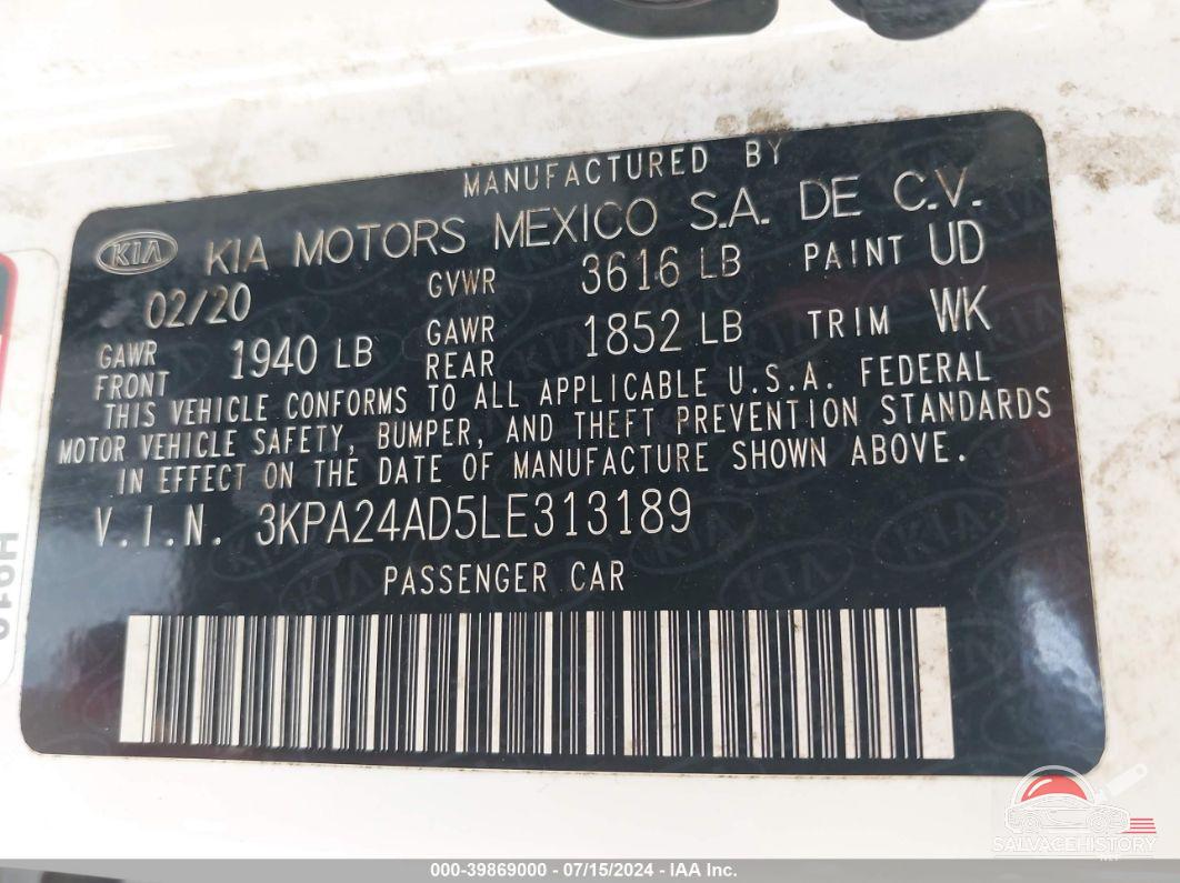 3KPA24AD5LE313189 2020 KIA RIO photo no. 9
