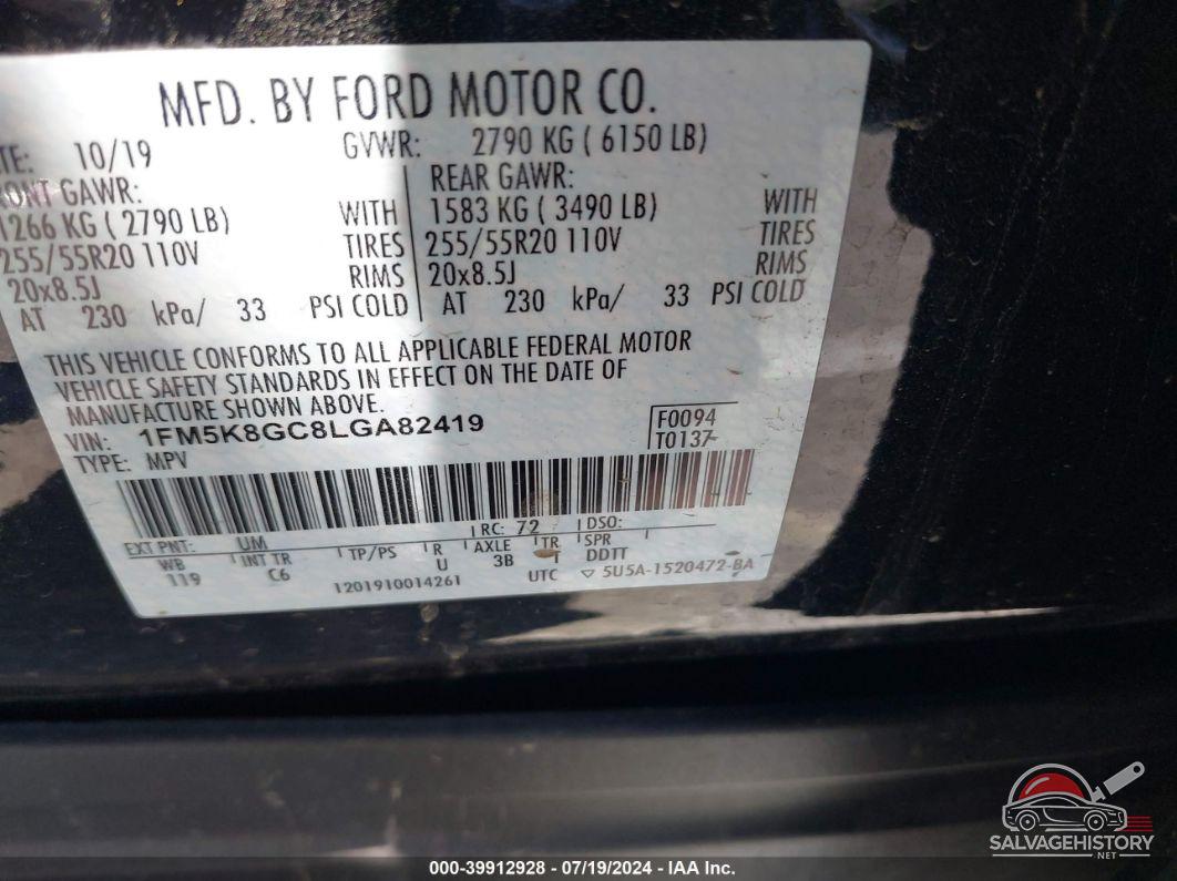 1FM5K8GC8LGA82419 2020 FORD EXPLORER photo no. 9