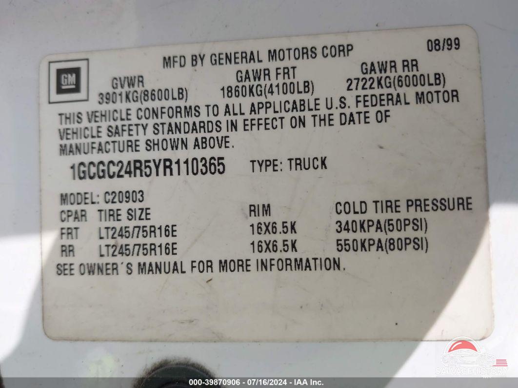 1GCGC24R5YR110365 2000 CHEVROLET C2500 photo no. 9