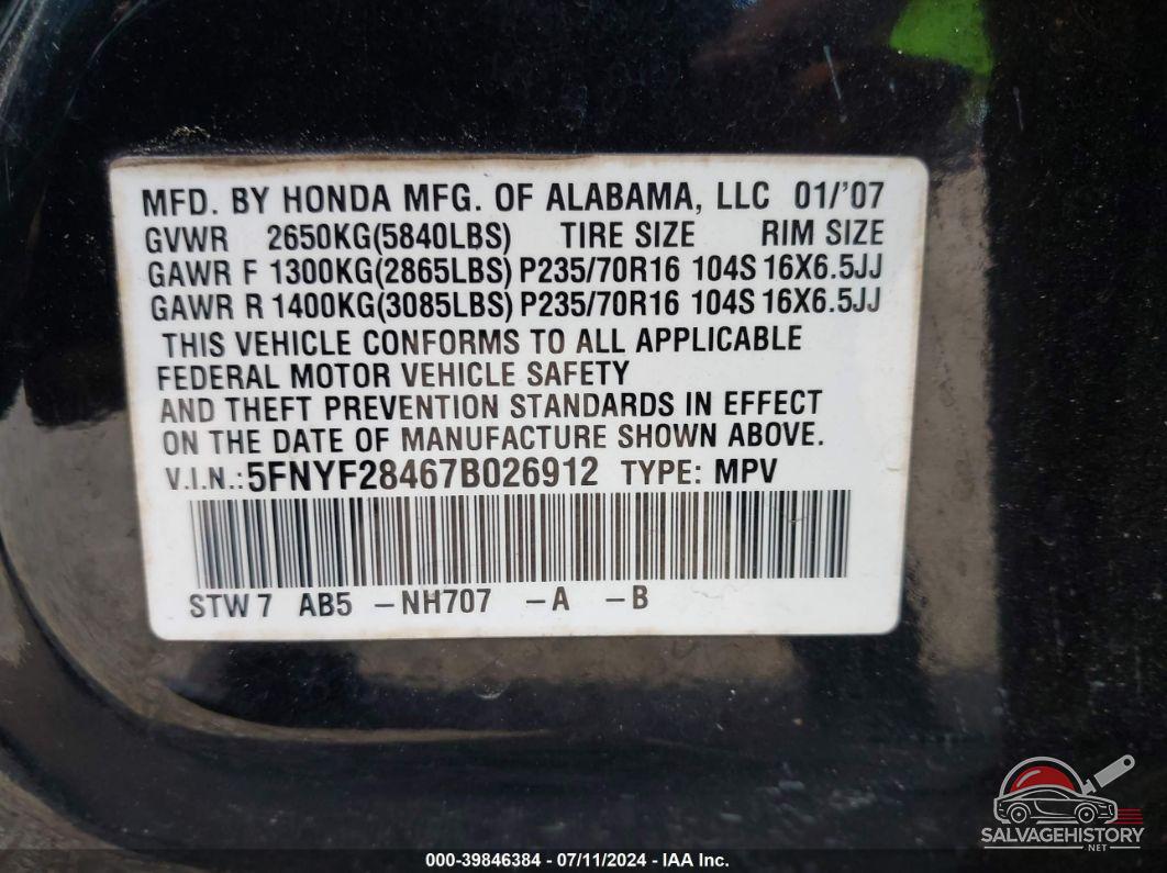 5FNYF28467B026912 2007 HONDA PILOT photo no. 9
