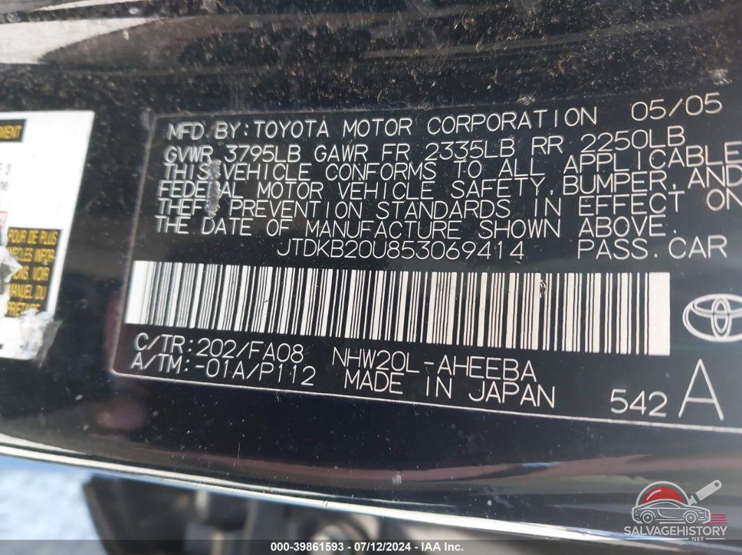 JTDKB20U853069414 2005 TOYOTA PRIUS photo no. 9