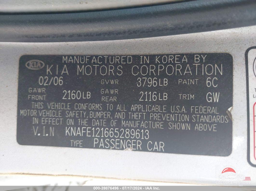 KNAFE121665289613 2006 KIA SPECTRA photo no. 9