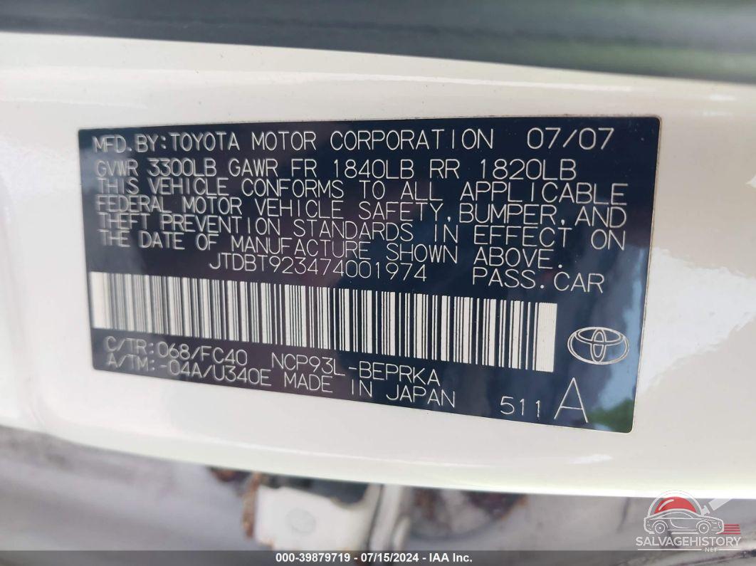 JTDBT923474001974 2007 TOYOTA YARIS photo no. 9