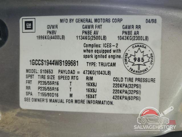 1GCCS1944W8199681 1998 CHEVROLET S10 photo no. 12