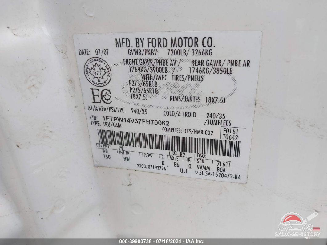 1FTPW14V37FB70062 2007 FORD F150 photo no. 9